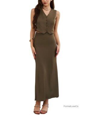Satin Two Piece Skirt Set Button V Neck Vest Top Long Maxi Skirt Dressy
